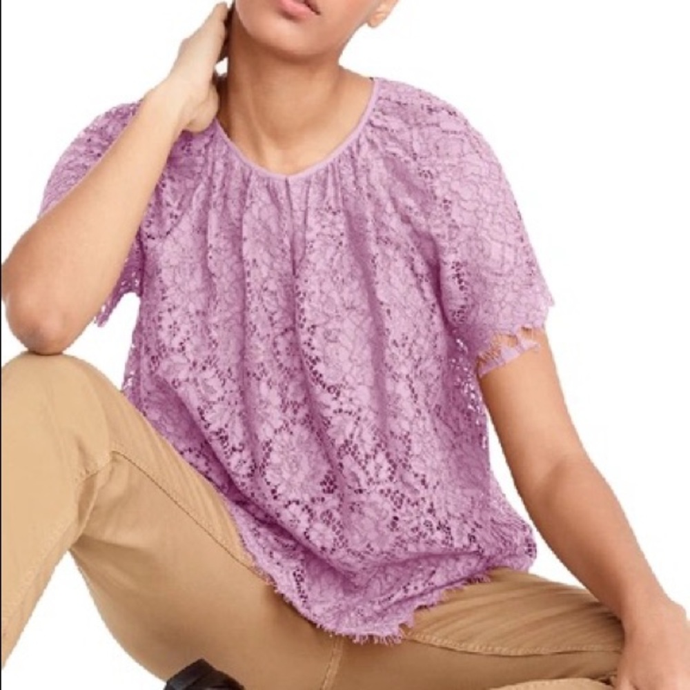 J Crew New Short Sleeve Lace Top In Vivid Lilac‎ keyhole neckline